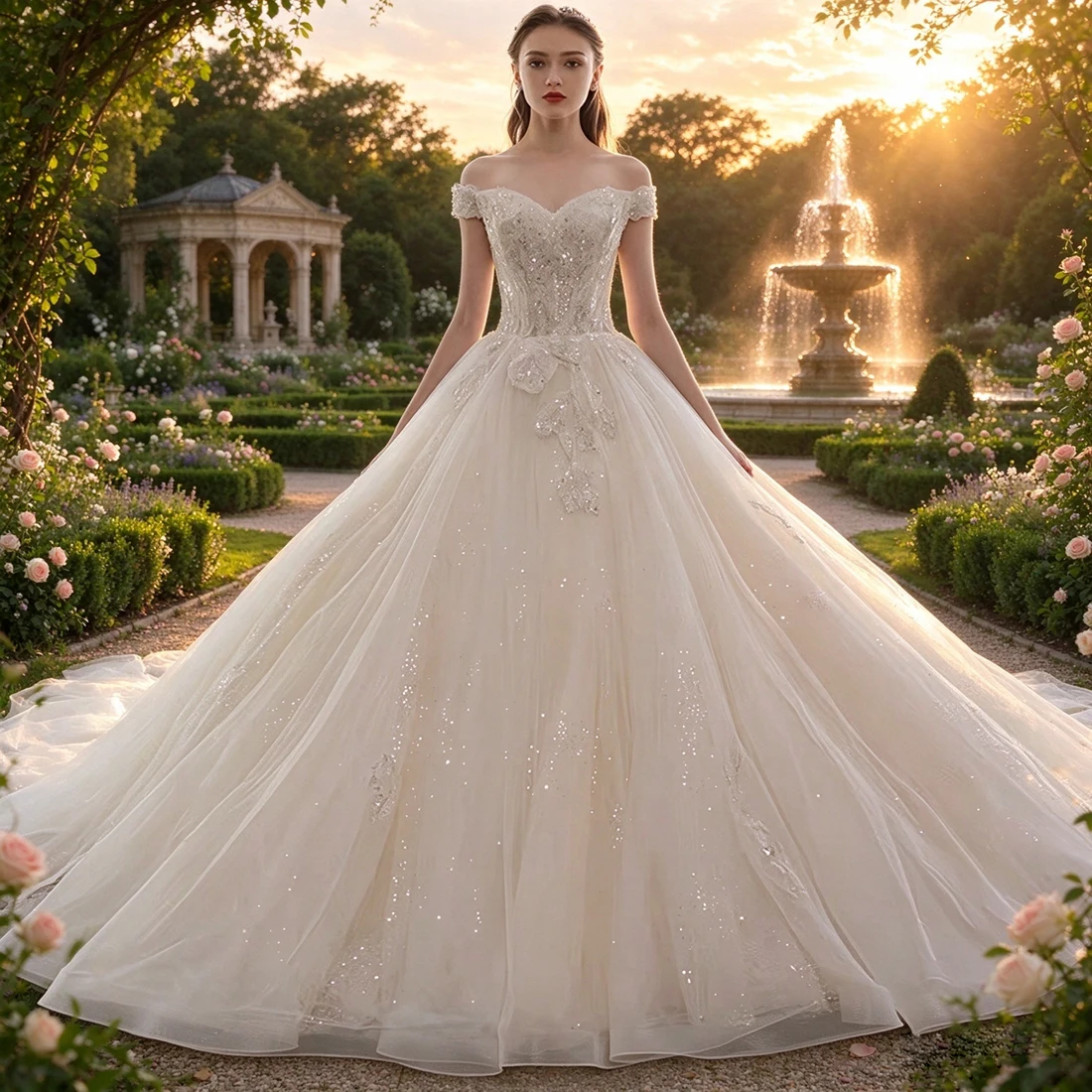 Alonlivn Customize Made Short Sleeve Of A Line Gorgeous Wedding Dresses Beading Sequined Lace Off The Shoulder Bridal Gowns