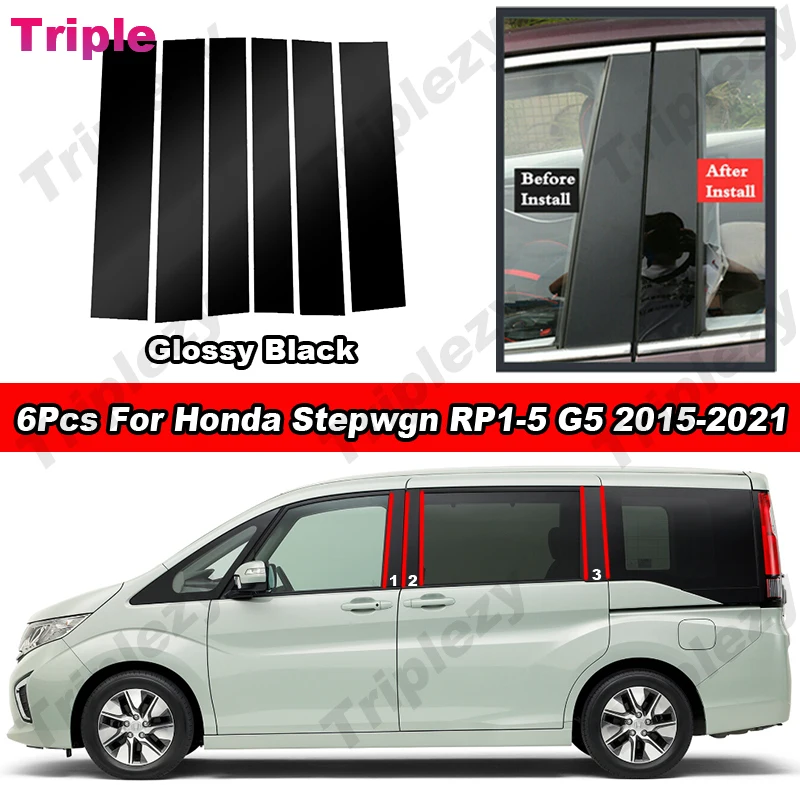 

6Pcs Glossy Piano Black Door Side Window BC Pillar Post Cover Trim Carbon Fiber Sticker For Honda Stepwgn RP1-5 RP3 G5 2015-2021