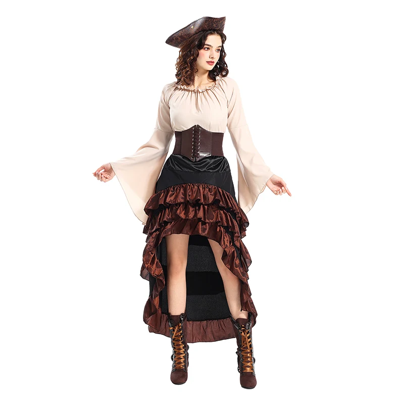 Frauen Halloween Piraten Kostüm ausgestellte Ärmel Top gekräuselten Rock Hut und Korsett Gürtel Set für Cosplay Party Outfits