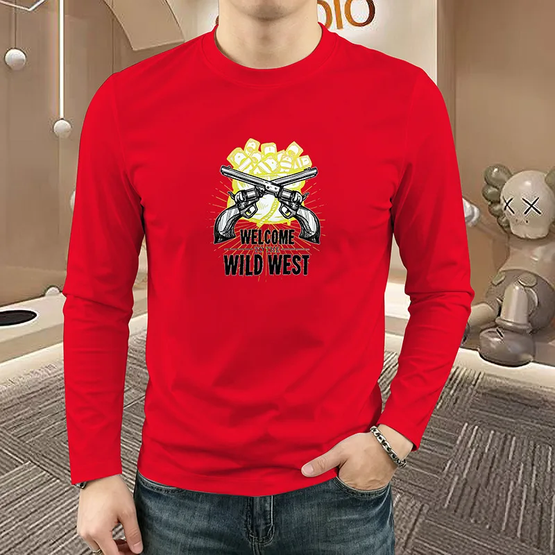 Men Crew Neck Long Sleeve Pullover Tshirt American Trendy Wild West Retro Print Casual Shirts Versatile Outerwear Base Man Tees
