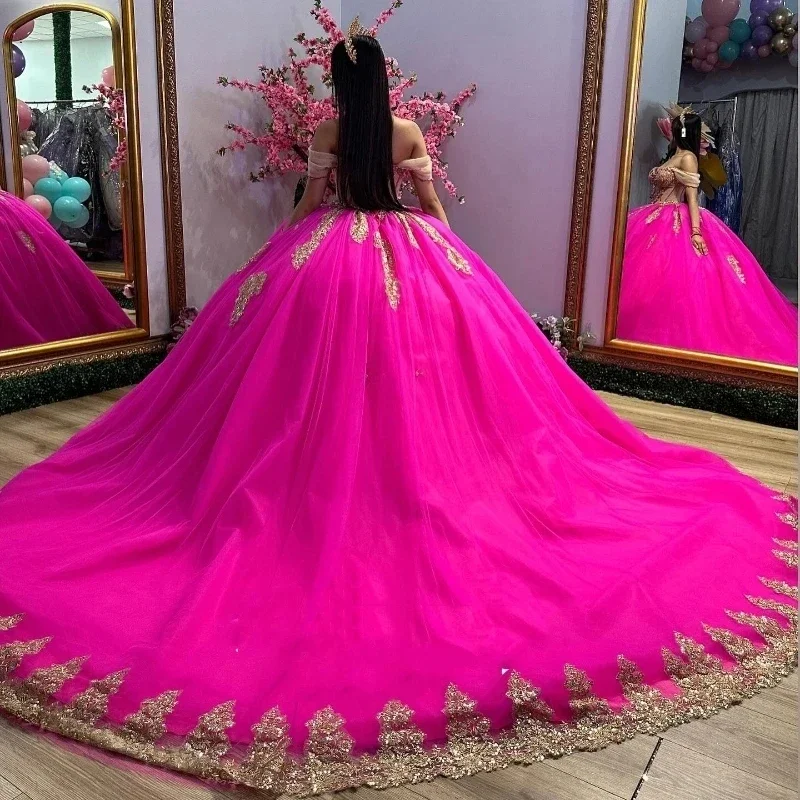 ANGELSBRIDEP-Robe de Bal de Princesse Personnalisée, Tenue de Quinceanera Rose et Rouge avec des Appliques Dorées et des Perles, pour Anniversaire de 16 Bol