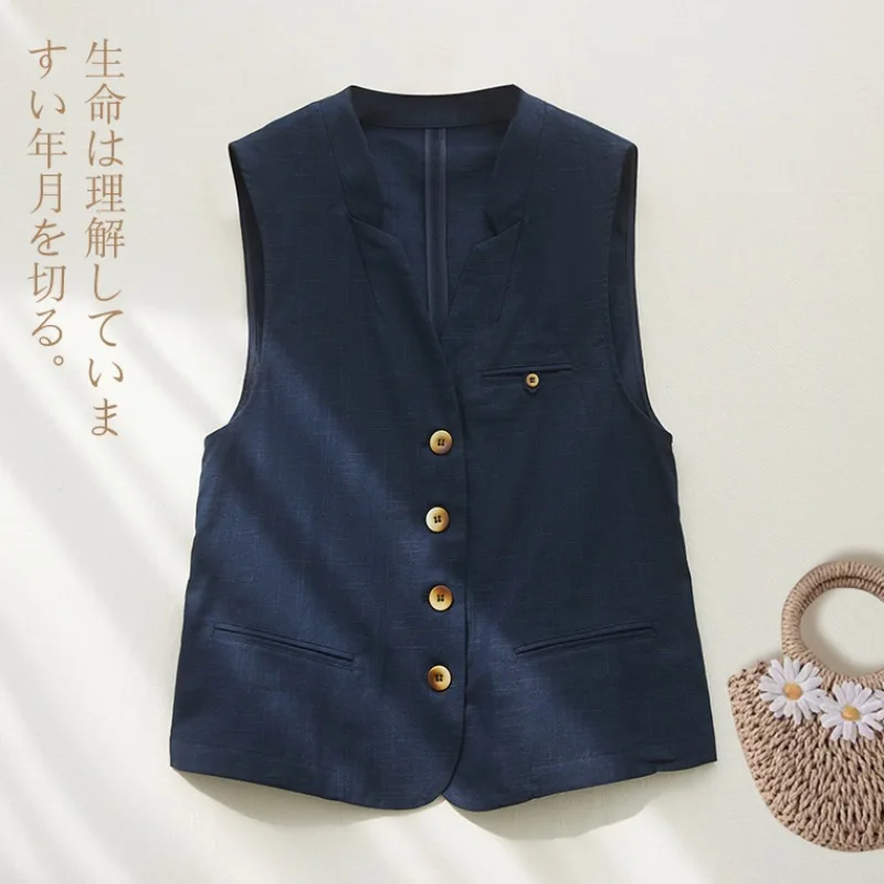 

Elegant Women Spring Summer V-neck Beige Navy Blue Cotton Linen Vest Vintage Button-Up Sleeveless Jacket Cardigan Waistcoat Tops