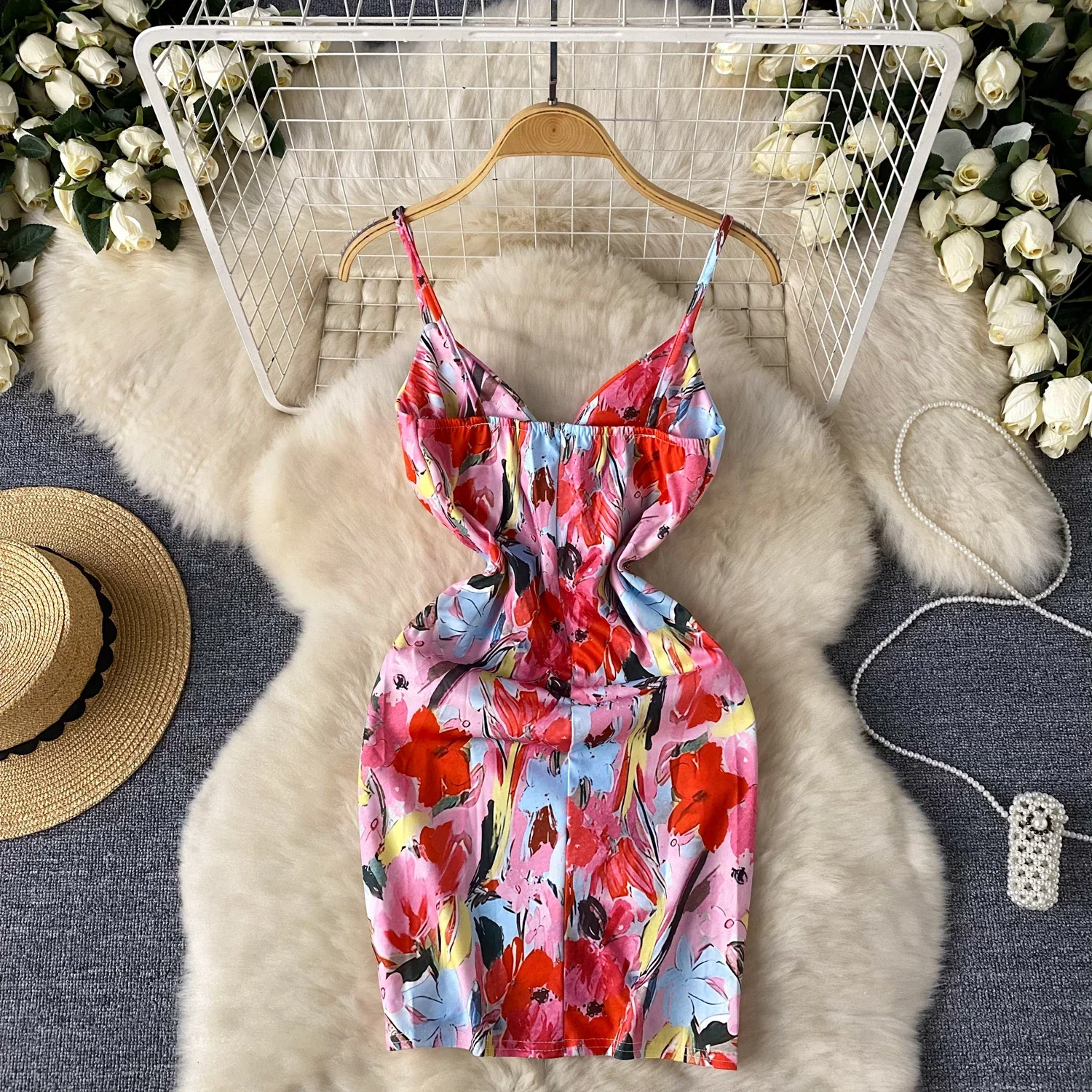 Sexy V Neck Floral Print Evening Party Club Slip Dress Women Summer Elegant Sweet Chic Vintage Slim Bodycon Pencil Dresses