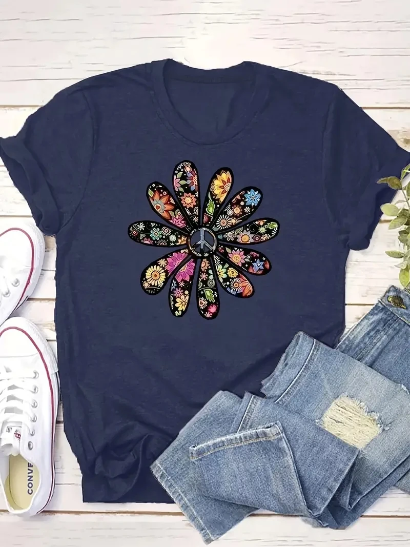 Plus Size kwiatowy T-shirt z nadrukiem, swobodny wycięcie pod szyją Top z krótkim rękawem na wiosnę i lato, damski odzież Plus Size