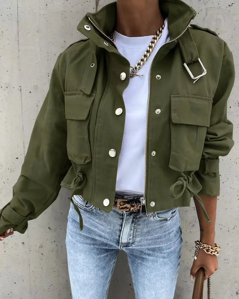 Women Stand Collar Cargo Jacket Multi Pocket Cropped Utility Jacket Drawstring Loose Jacket Green Autumn Street Outerwear