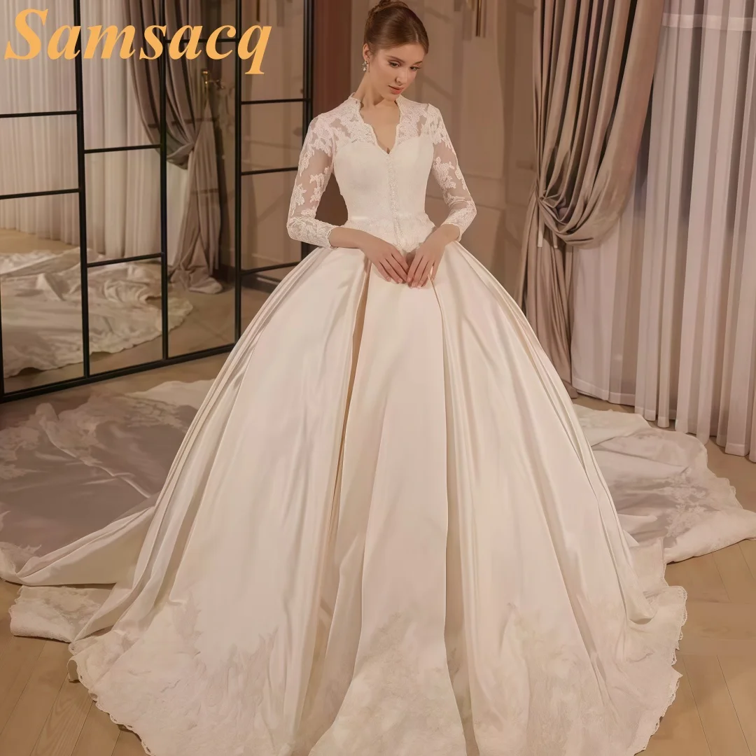 Samsacq Custom Wedding Dress, Elegant V-Neck Long Sleeve Lace Bridal Gown, Satin Princess Ball Gown with Train, Customizable For