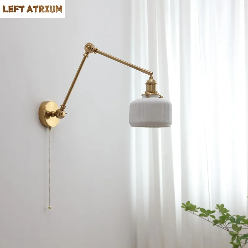 

Nordic Pull Chain Switch LED Wall Light Sconces Up And Down Swing Long Arm Brass Ceramic Shade Modern Bedside Lamps Home Decor
