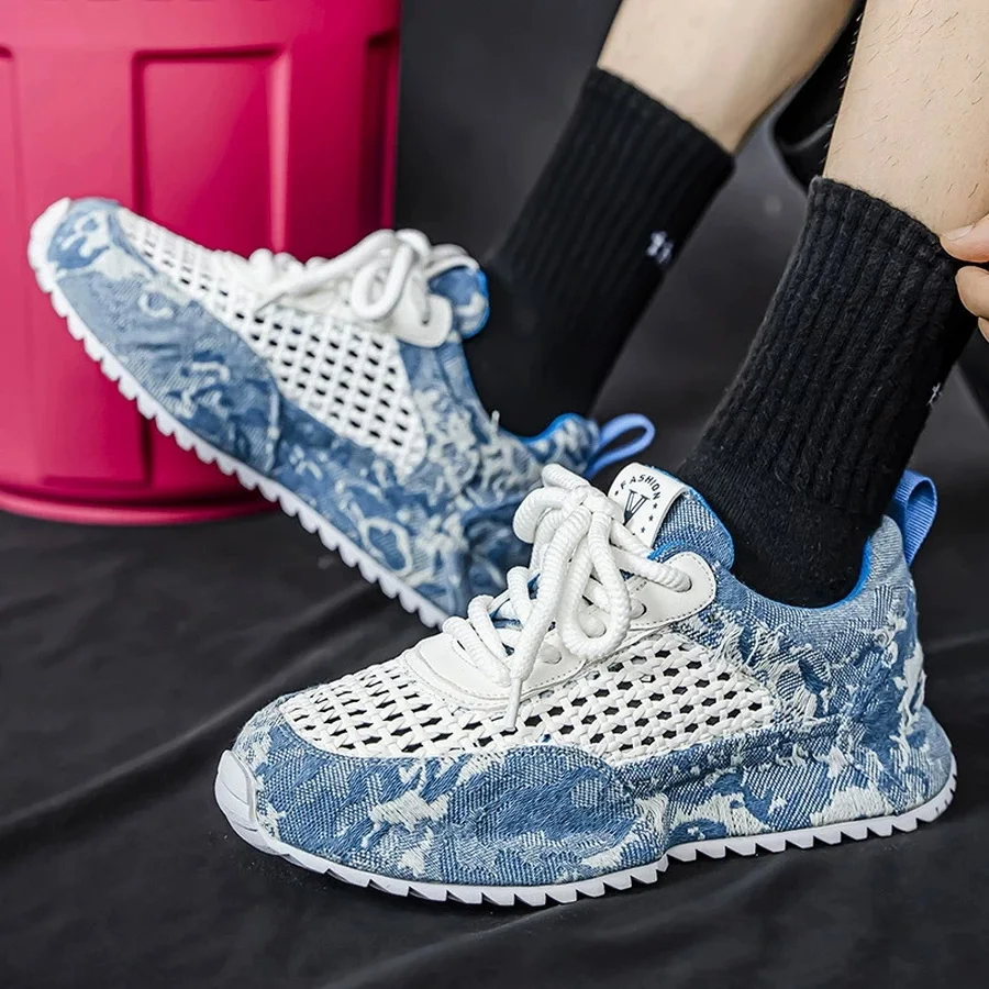 Textured Denim Sneakers Men Breathable Mesh Knit Lace Up Trainers Low Top Casual Sports Shoes Man Patchwork Hollow Blue Sneaker