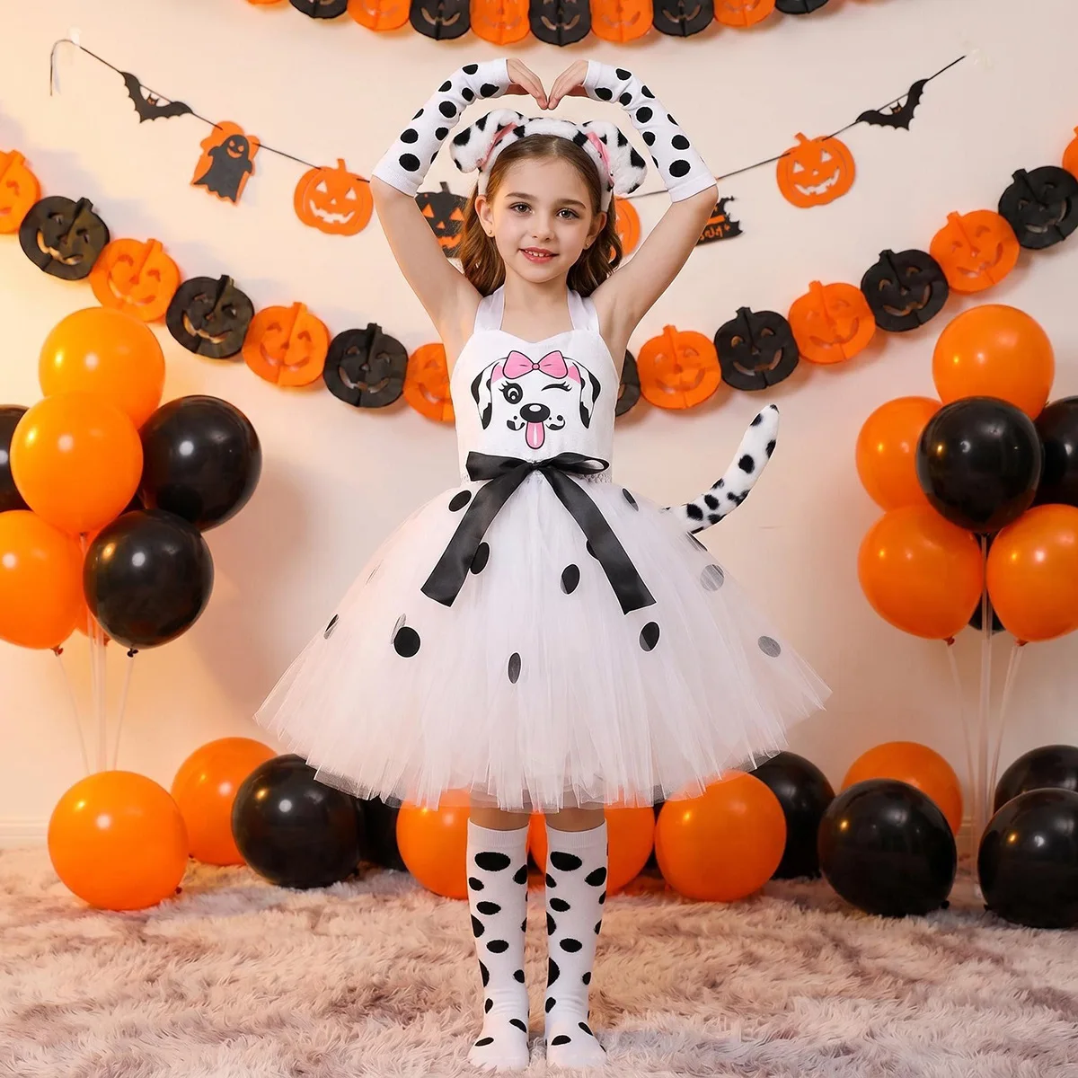 Halloween Dalmatian Print Tutu Dress Spotted Mesh Layered Skirt Animal Theme Stage Outfit Halloween Show Attire Gathering Wear