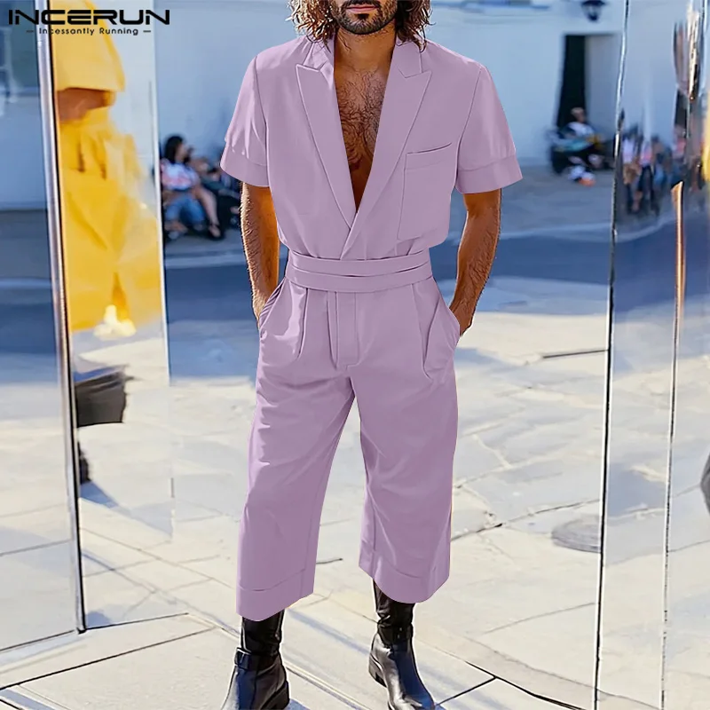 INCERUN hommes combinaisons couleur unie revers à manches courtes homme Blazer barboteuses Streetwear 2025 été ample mode salopette S-5XL