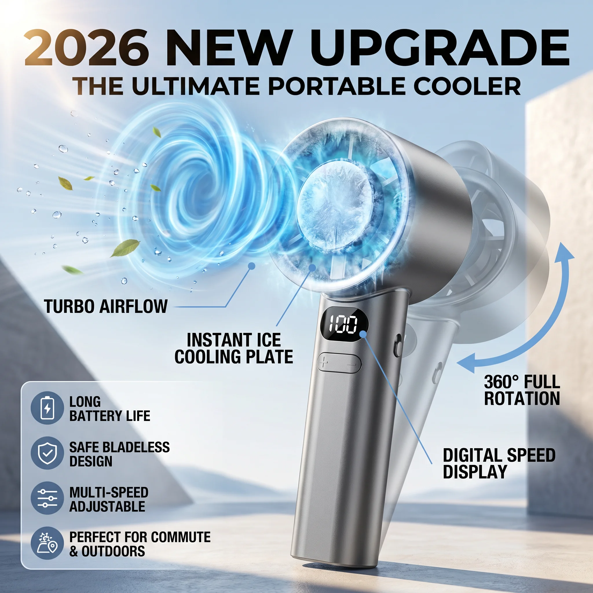 2026 New Upgrade Portable Hand Fan , 120 Wind Speeds, Mini Bladeless Handheld Fan, USB Rechargeable Personal Highspeed Fans, Ele