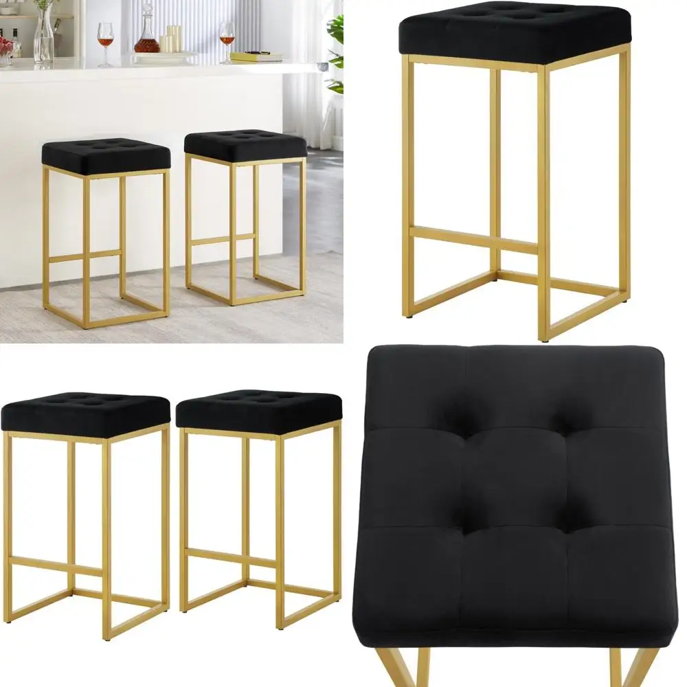Bancos de bar contemporâneos acolchoados em veludo dourado 24K, conjunto de 2, 26 altos para ilha de cozinha, preto