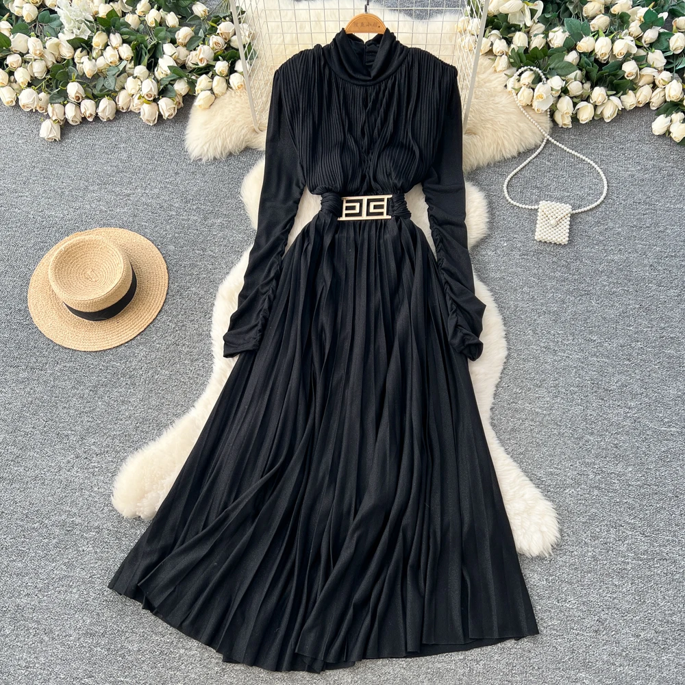Chic vintage long sleeve pleated Elegant Fairy office lady hotsweet Sundress women clothing A-line dress