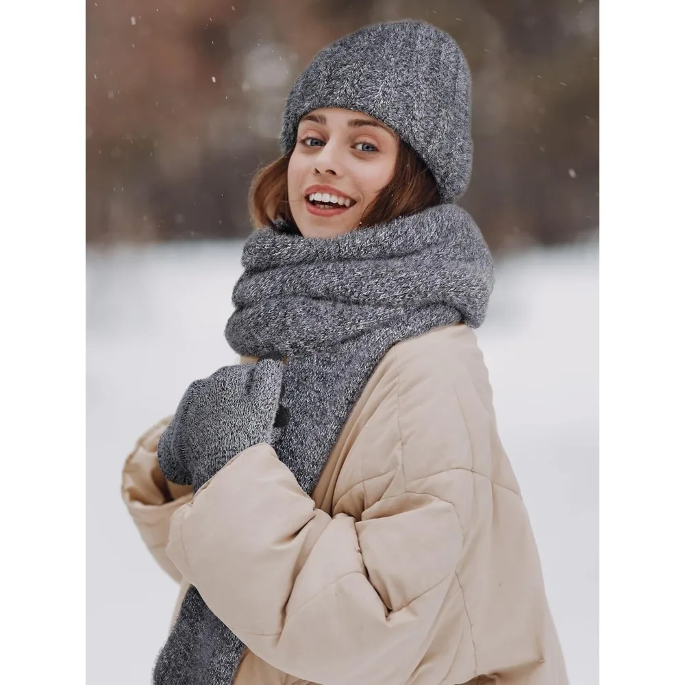 الشتاء قبعة قبعة وشاح قفازات، الدافئة الصوف متماسكة قبعة وشاح طويل الرقبة أدفأ شاشة تعمل باللمس قفازات الشتاء مجموعة هدايا للنساء