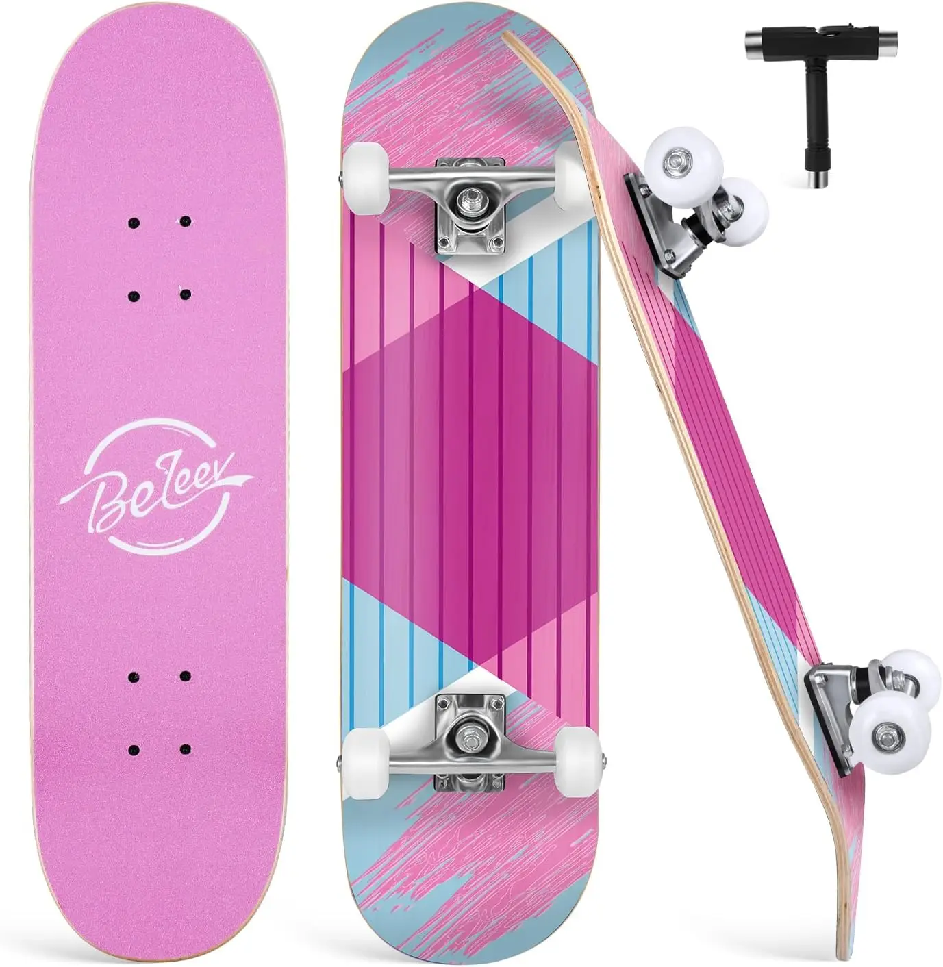 

31x8 inch Complete Skateboard for Beginners, 7 Layer Maple Double Kick Deck Cruiser Trick Skateboard with T-Tool