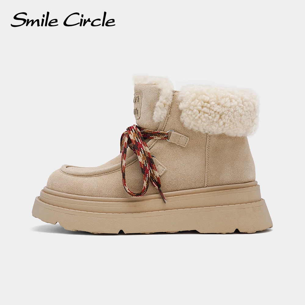 Smile Circle Women Snow Boots Wool Suede Leather Winter Boots Warming Lace up Casual Chunky Boots