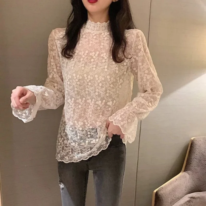 Long Sleeve See Through Stand Collar Hollow Out Lace Women Blouse Fashion Summer Elegant Shirt Spring Flare Sleeve Tops