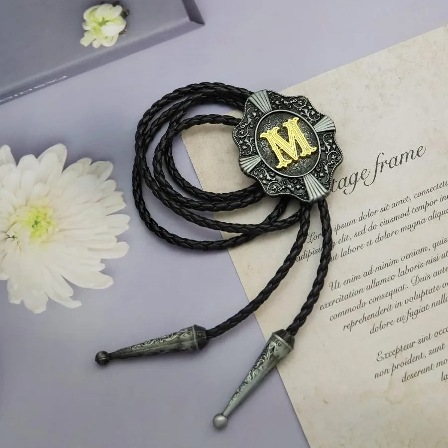2 Pieces Belt Buckle Bolo Tie Small Set with Golden Initial Letter A to Z for Western Cowboy Costume Accessory Perfect for Men