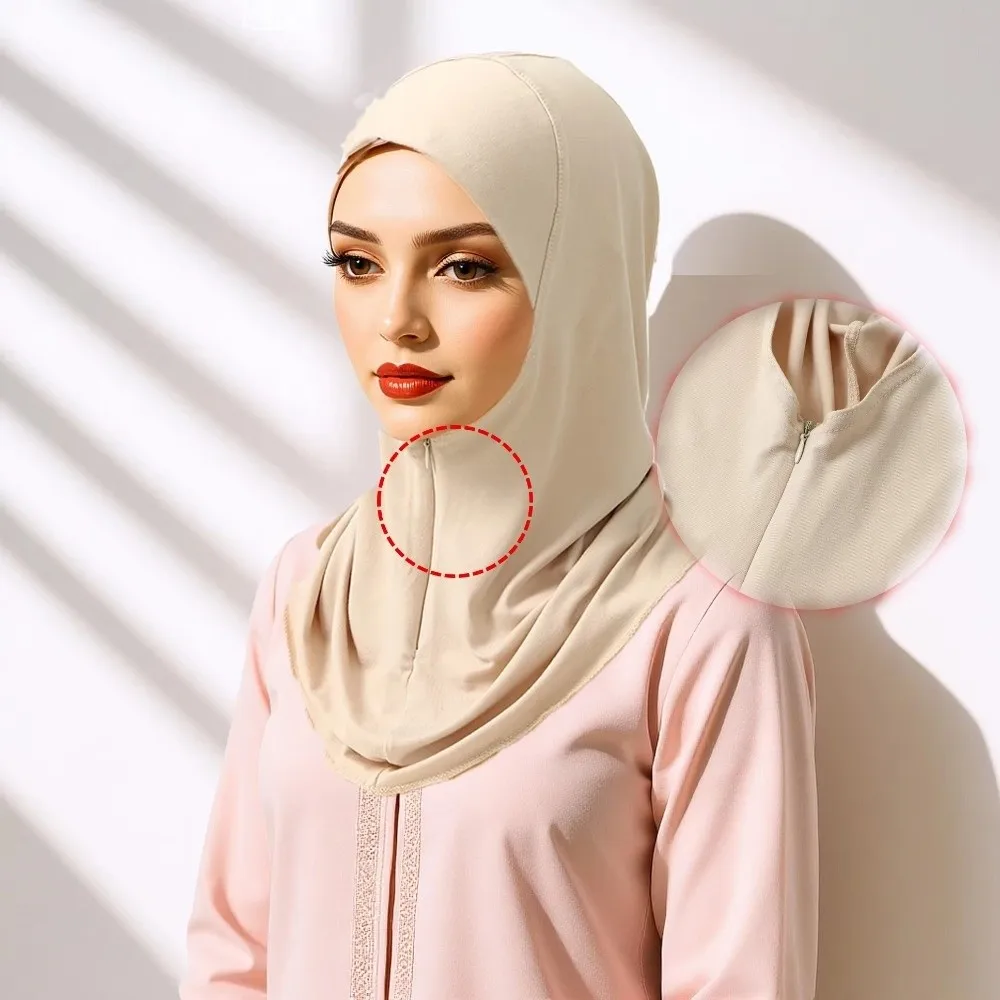 New Polyester Instant Cap Hijab Elastic Soft Underscarf Hidden Zipper Solid Color Inner Cap Middle East