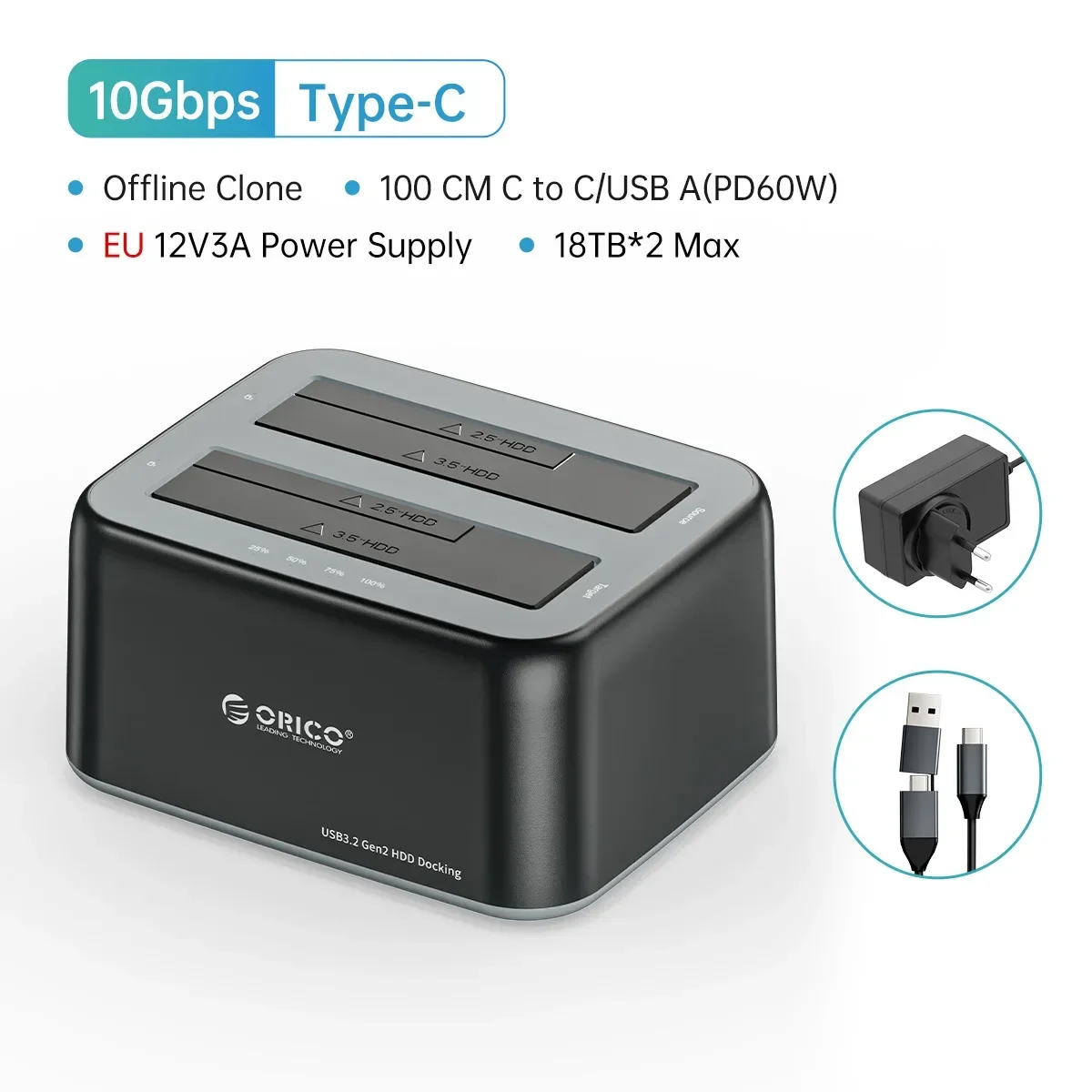 ORICO Dual Bay HDD Docking Station 10Gbps SATA naar USB 3.2 Adapter voor 2.5 3.5 SSD Schijfbehuizing HDD Box Dock Harde Schijf Behuizing