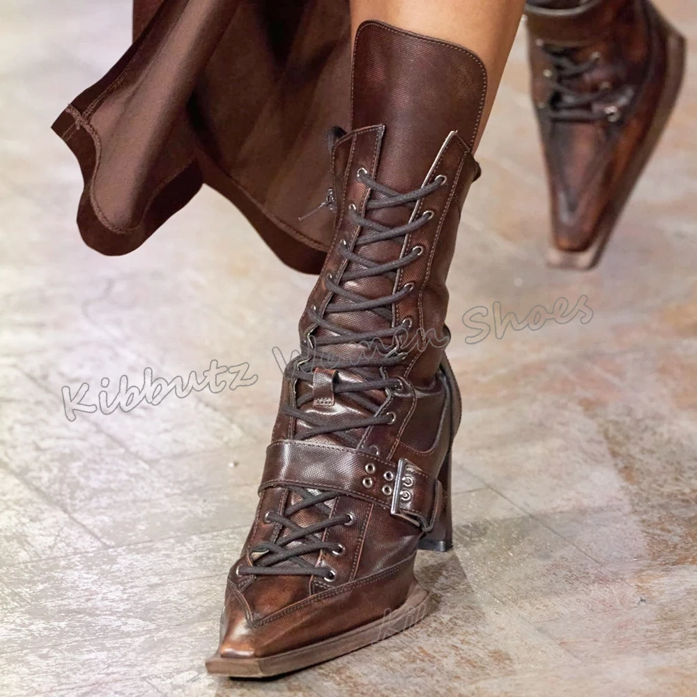 

Cowboy Ankle Boots Leather Lace-Up Vintage Fashion Luxury Elegant Concise Solid Color Pointy Chunky Heels Spicy Girls Shoes New