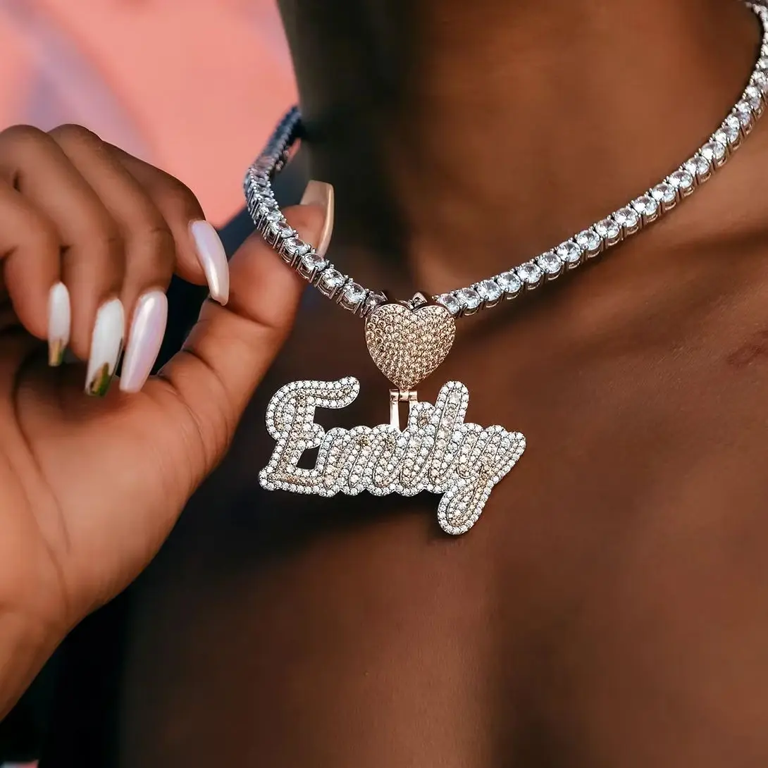 Custom Name Plate Two-Tone Script Font 3D Zircon Letter Necklace Hip Hop Luxury Jewelry Moissanite Pendant Necklace Gift for Her
