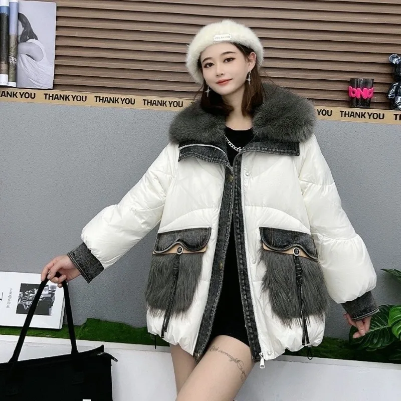 

Женское пуховое пальто с меховым воротником, джинсовая куртка в стиле пэчворк, теплая и модная одежда, европейское и американское, качественное, новое, Wi