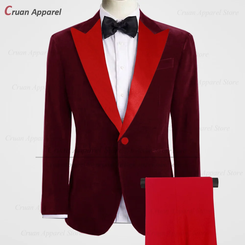 Newest Velvet Men Suit Set Christmas Day Classic Fashion Red Green Outfits Formal Activities Elegant Male Blazer Pants 2 Pieces