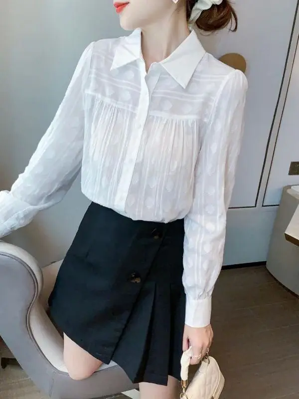 

White French Puff Sleeve Long Shirt for Women Autumn New Style Cleanfit Waist Cinched Poly Fabric Thin Short Sleeve Shirt