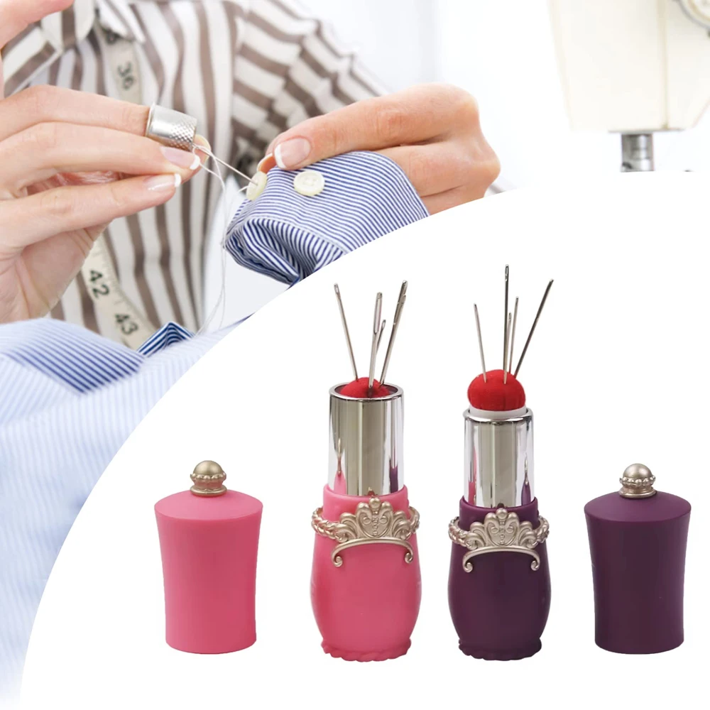 

Lipstick Pin Cushion Sewing Needle Case with 5pcs Hand Needles For Needlework DIY Craft Rotatable Needle Holder Sewing Tools