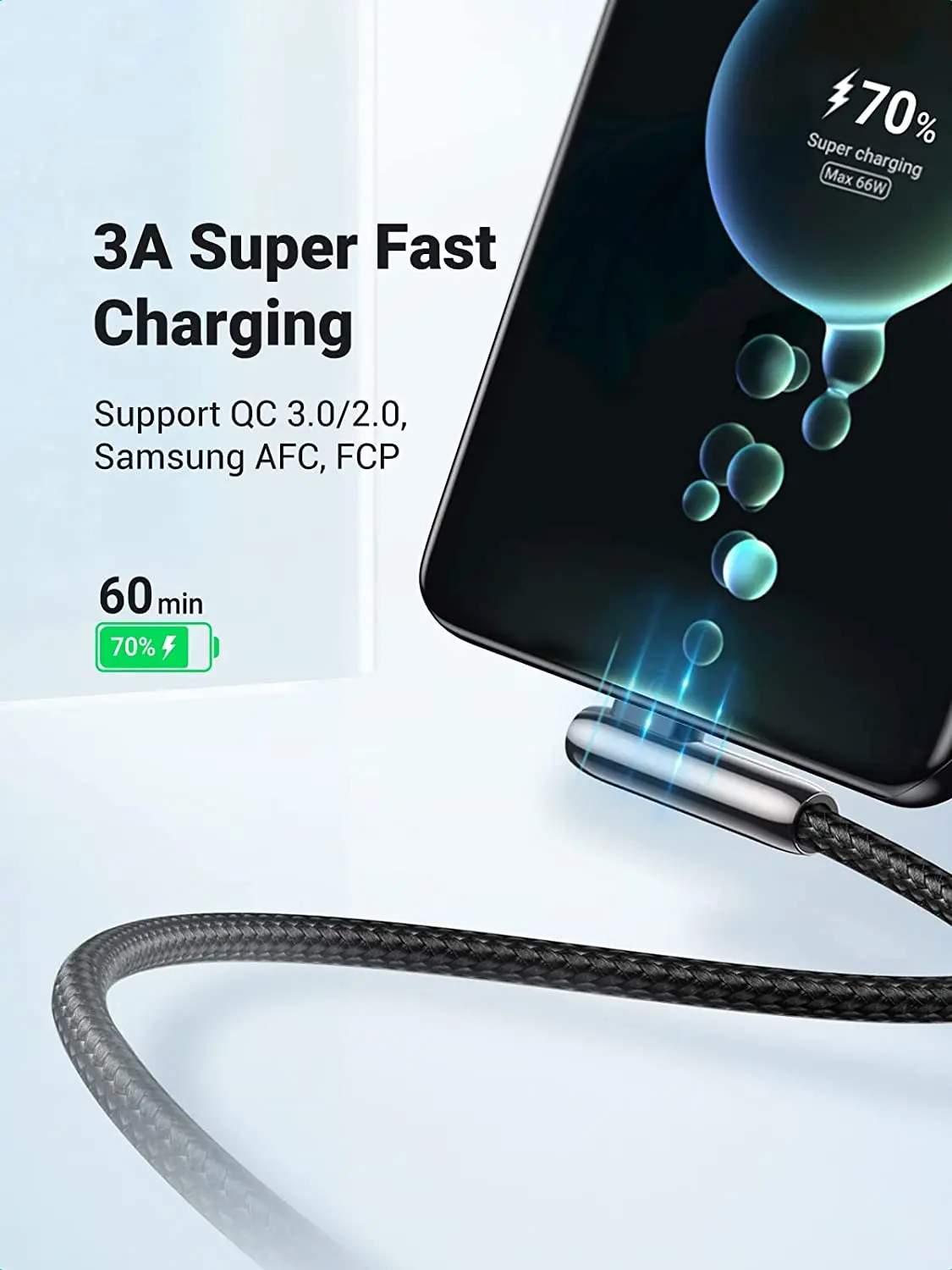 Cable UGREEN USB C de ángulo recto USB a a USB C Cable trenzado de carcasa de aleación de Zinc de alta pureza Diseño humanizado de 90 grados