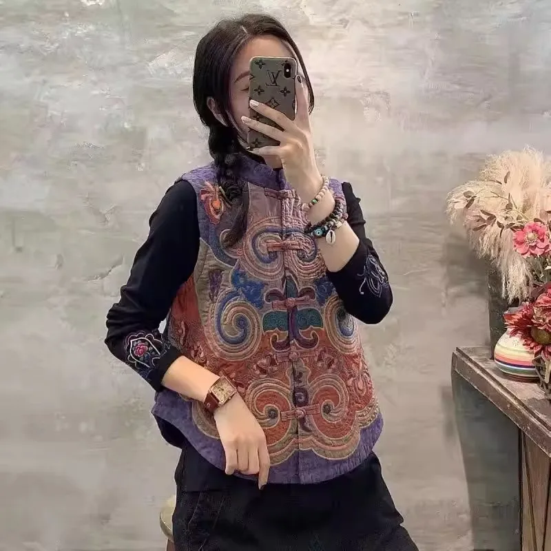 Chaleco bordado de estilo étnico chino Retro para mujer, novedad de primavera 2021, Top sin mangas, chaleco con cuello levantado de lino y algodón Jacquard