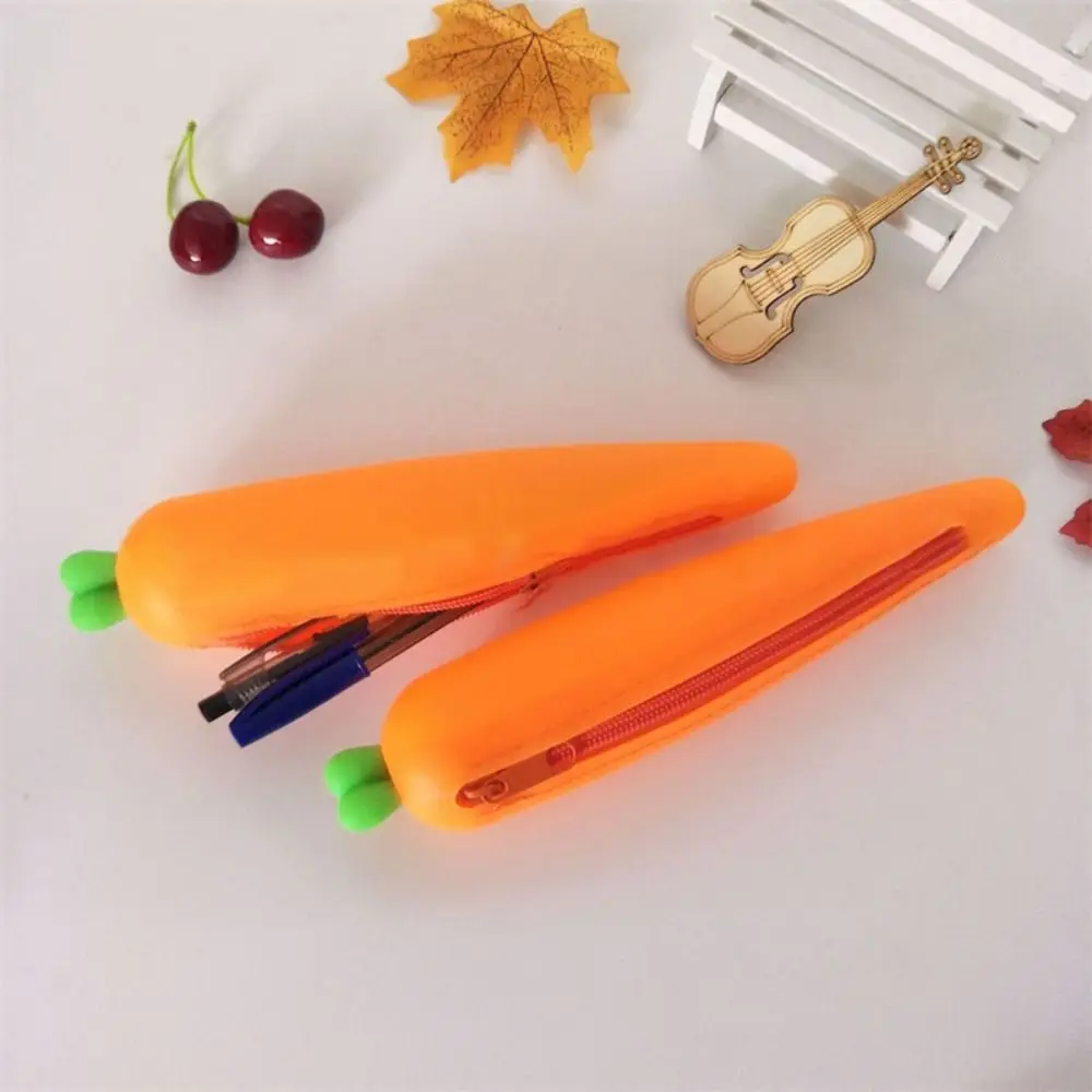 Cute Silicone Pen Case Large Capacity with Zipper Kawaii Pencil Case Creative Fruit Vegetable Big Purse Key Bag