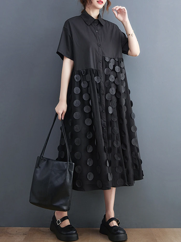 EAM Women Black Big Size Gauze Spliced A-line Shirt Dress New Lapel Short Sleeve Fashion Tide Spring Summer 2025 31A0780