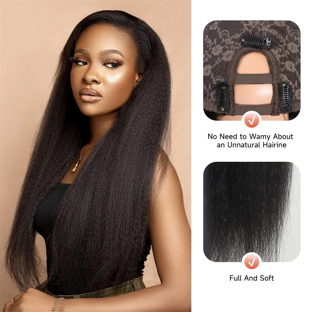 U V Part Wig Kinky Straight Human Hair Wigs for Black Women Machine Made 180% Density Yaki Straight Human Hair Wig