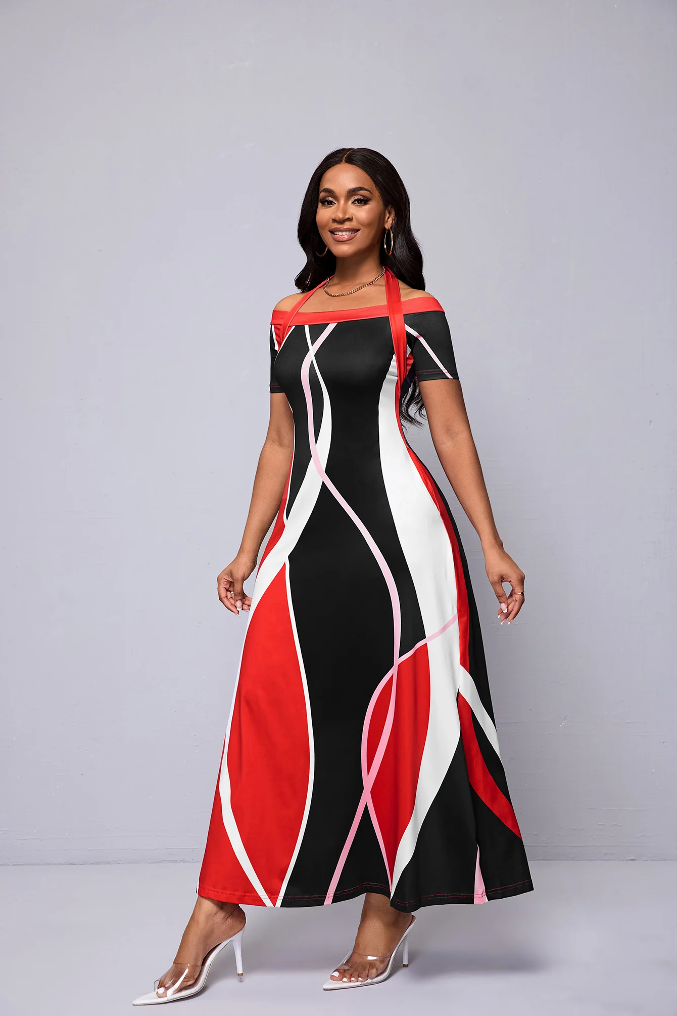 Maxikleid für Frühling und Sommer, Damen, Rot, Schwarz, abstrakter Druck, schulterfrei, Neckholder, kurze Ärmel, elegantes Kleid für Party, Date, Urlaub