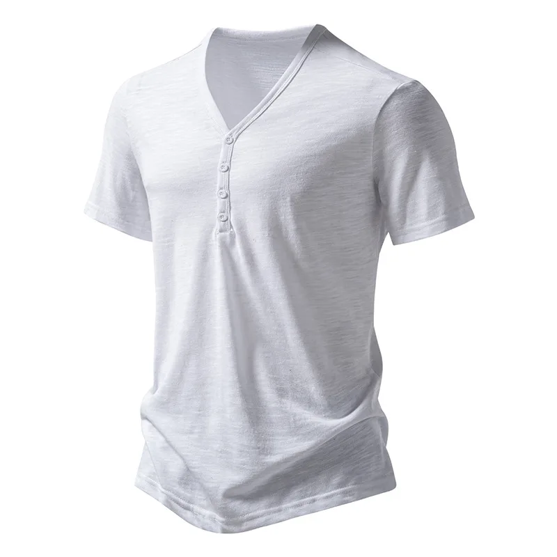 2026 Herren V-Ausschnitt Bambusfaser T-Shirt Mittelstreifen 4-Knopf Kurzarm Eng Anliegend Atmungsaktiv Lässig Sommer Alltags-Oberteil – Detail 3
