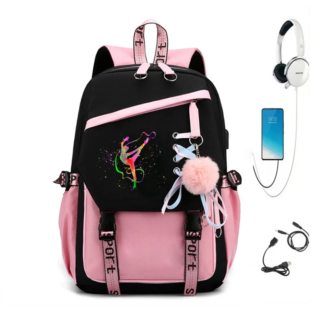 

School Backpack for Teen Girls Kawaii Bookbag Women Girl Schoolbag Bagpack Watercolor Gymnastics Design Teenager Travel Rucksack