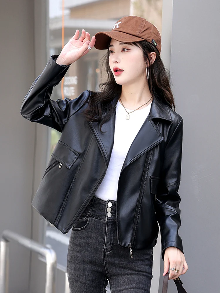2026 Spring Autumn New Style Women's Short Black Motorcycle Leather Jacket Sheepskin Coat Fashionable Compact Size Outerwear