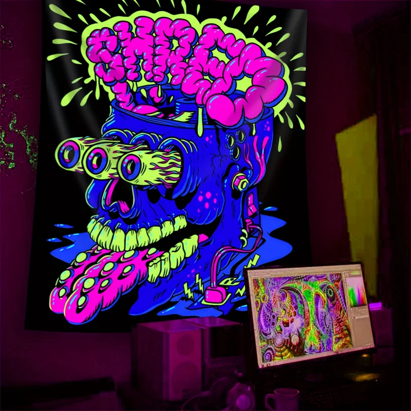 VIKAMA Fluorescent Abstract Brain Skull Tapestry Psychedelic Design Gaming Room Ambient Lighting Statement Decor