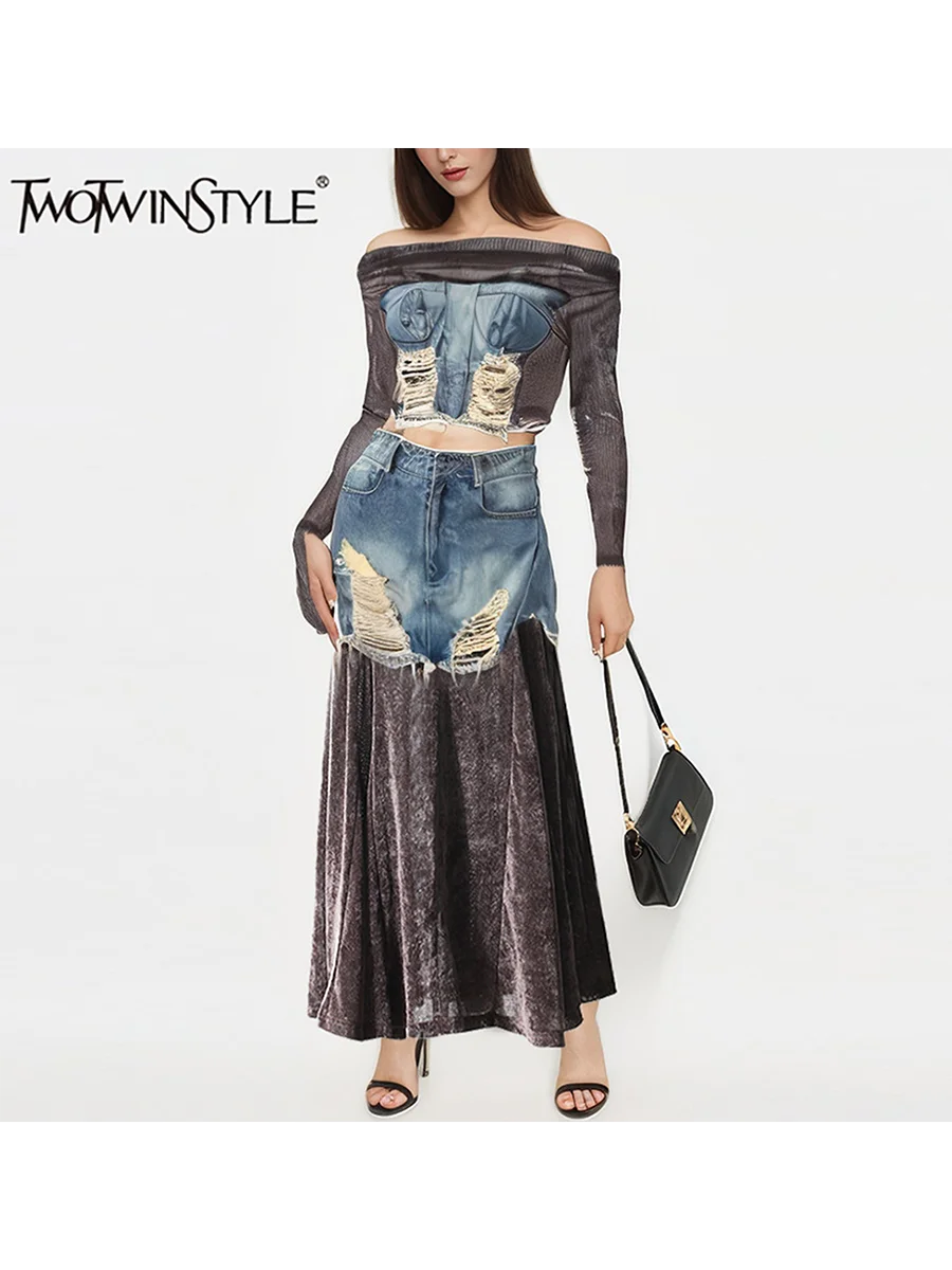 TWOTWINSTYLE Hit Color Two Piece Set for Women Slash Neck Long Sleeve Top High Waist Chic Loose Skirt Chic Sets Female