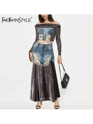 TWOTWINSTYLE Hit Color Two Piece Set for Women Slash Neck Long Sleeve Top High Waist Chic Loose Skirt Chic Sets Female