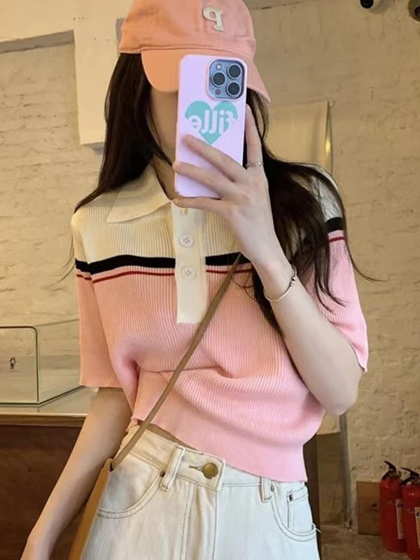 

Pink Striped Knitted Short Sleeve Neck T-Shirt Women's Summer Unique Elegant College Style Short Top Medium Softness