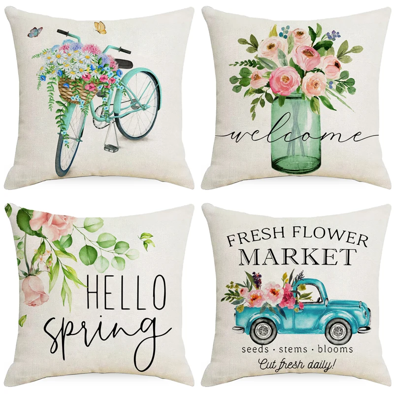 

Flower Plant Pillow Cases 18x18 Inches Spring Summer Farmhouse Throw Pillow Cover Green Garden Linen Cushion Case for Home Decor