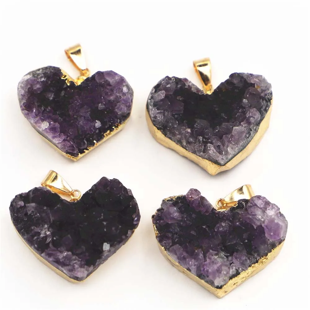 Natural Uruguay Amethyst Love Pendant Original Stone Necklace DIY Single Hole Connector Jewelry Wholesale 3Pcs/Lot Free Shipping