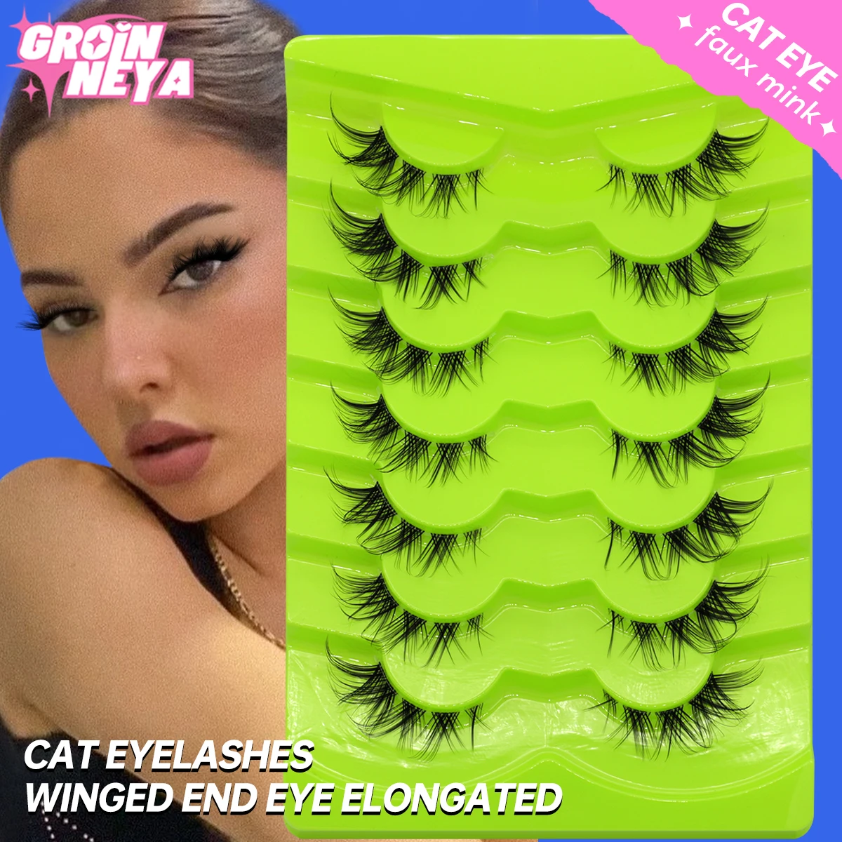 GROINNEYA Cat Eye Lashes Natural Eyelashes Winged End Eye Elongated Eyelashes Clear Band Lashes Eyelash Extension Manga Lashes