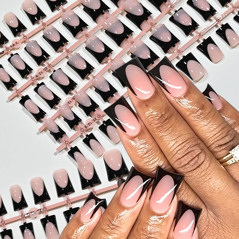 120pcs Duckbill Black French Nail Tips Nude Pink Glossy Wearable False Nails Short Square Duck Bill Soft Gel Press On Nail Patch