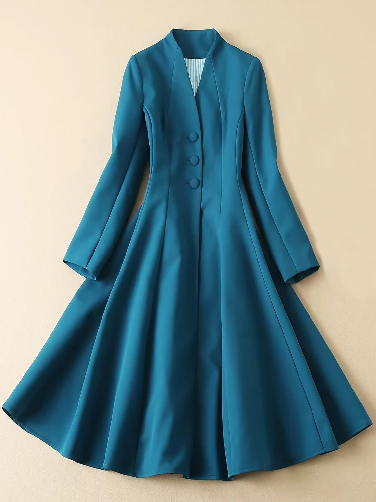 Princess Kate Middleton New Ladies Autumn Luxury Fashion Chic High Quality Slim Vintage Casual Party Office Coat Blue Midi Dress