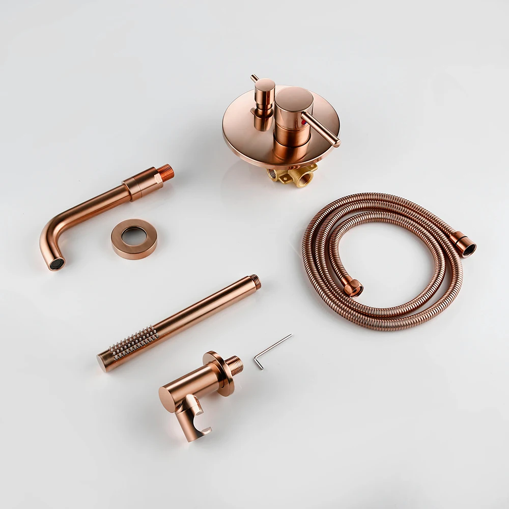 Imagem -03 - Escovado Rose Gold Wall Mounted Banheiro Chuveiro Torneira Misturador de Água Fria Quente Latão Handheld & Spout Tap