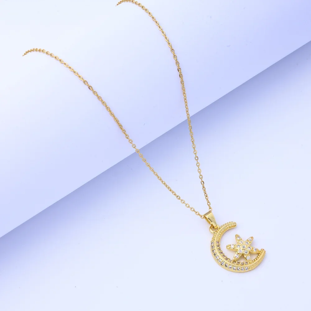 Beautiful Necklace for Women, Cross-Border Copper Micro-Inlaid Moon and Six-Pointed Star Design, Titanium Steel Fade-Resistant w